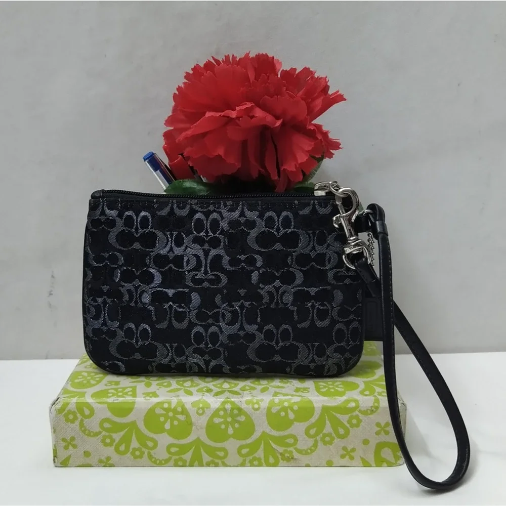 Coach Signature Black Canvas Zipper Closure Wristlet - Coin Wallet